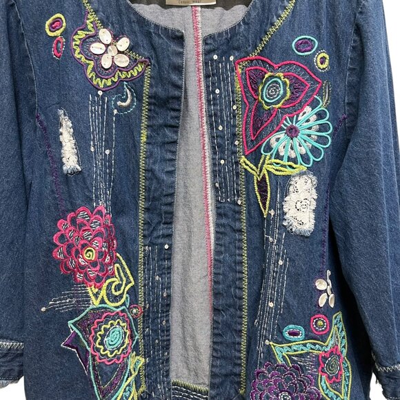 Vintage Sequin Embroidered Floral Open Front Denim Jean Jacket Size XL - Picture 3 of 5
